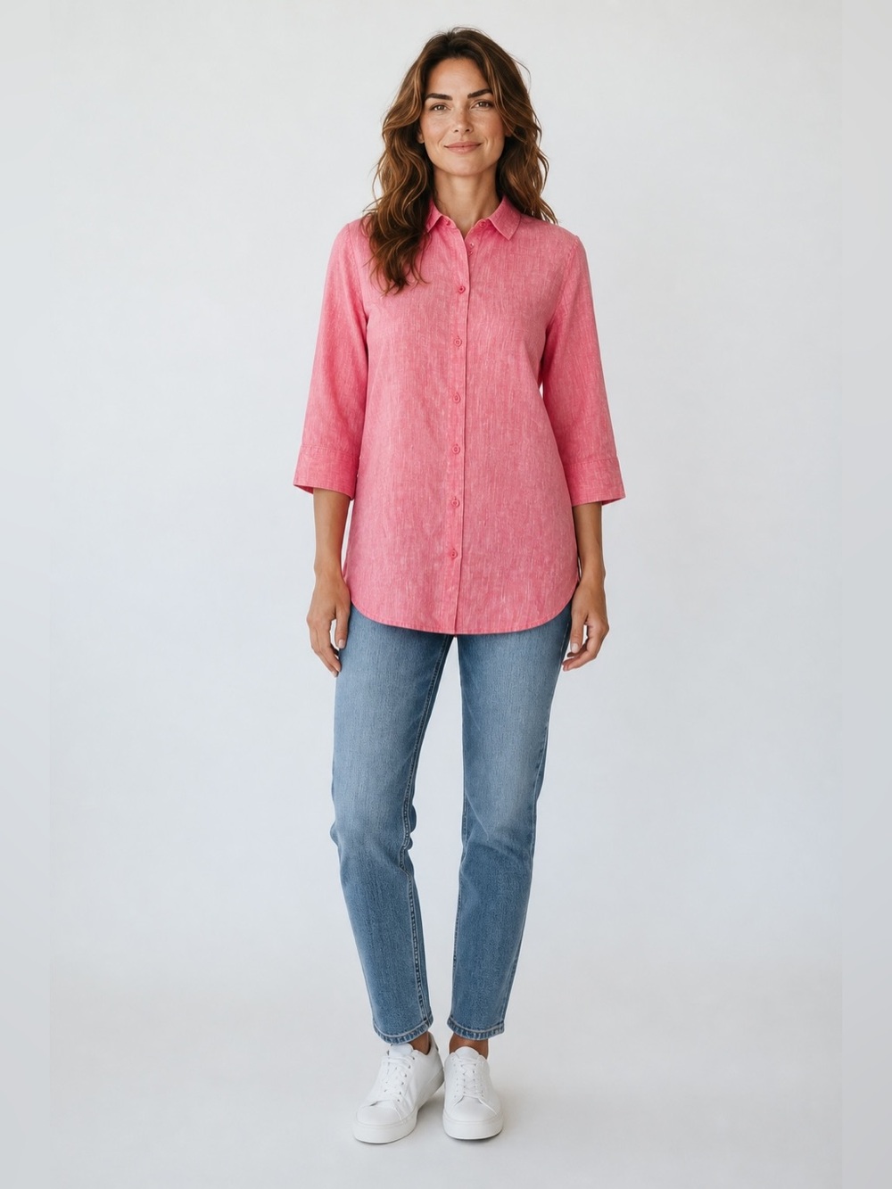 Chico's No Iron Women’s Size S( 0) 3/4 Sleeve Button Up Pink Linen Tunic Shirt